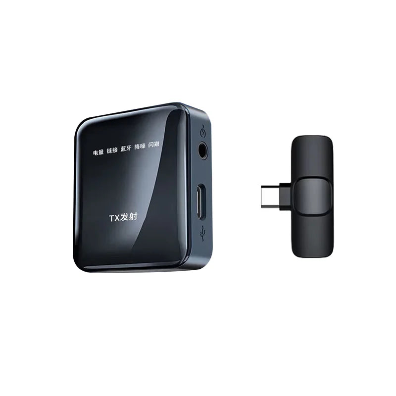 Black wireless bluetooth lavalier microphone transmitter and receiver set for android live broadcast and gaming phone vlog