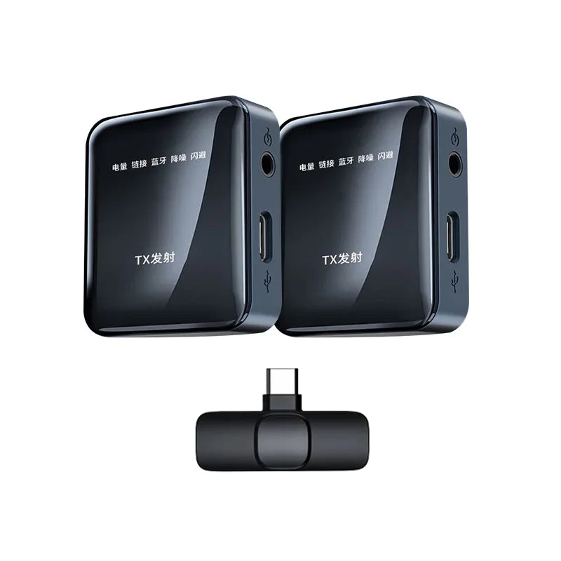 Black wireless lavalier microphone transmitter with glossy plastic casing and usb-c port for android live broadcast and gaming phone vlog