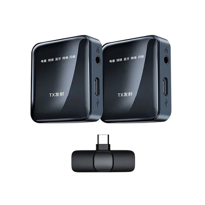 Black wireless lavalier microphone transmitter with glossy plastic casing and usb-c port for android live broadcast and gaming phone vlog
