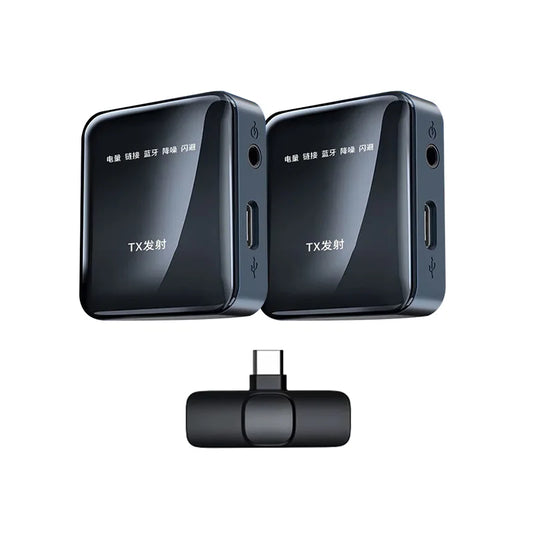 Black wireless lavalier microphone transmitter with glossy plastic casing and usb-c port for android live broadcast and gaming phone vlog