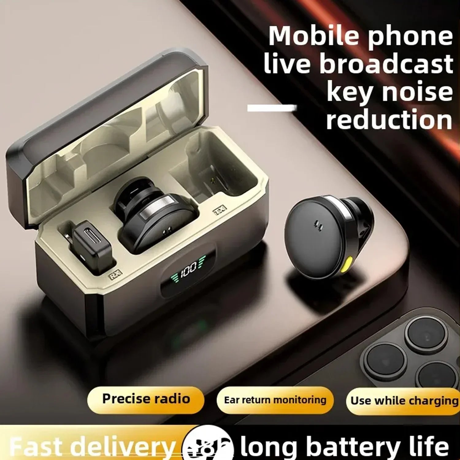 Black wireless lavalier microphone earbuds with yellow accent light in matte black charging case for iphone android live recording mini mic