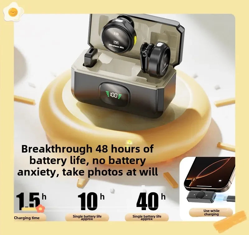 Black wireless lavalier microphone earbuds with yellow accents in a charging case for iphone android live recording mini mic