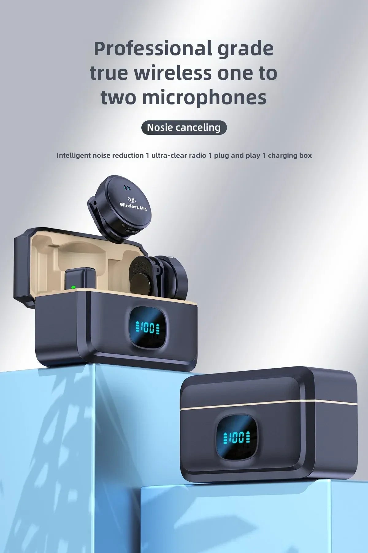 Black wireless lavalier microphone with sleek design and digital display charging case for iphone android live recording mini mic
