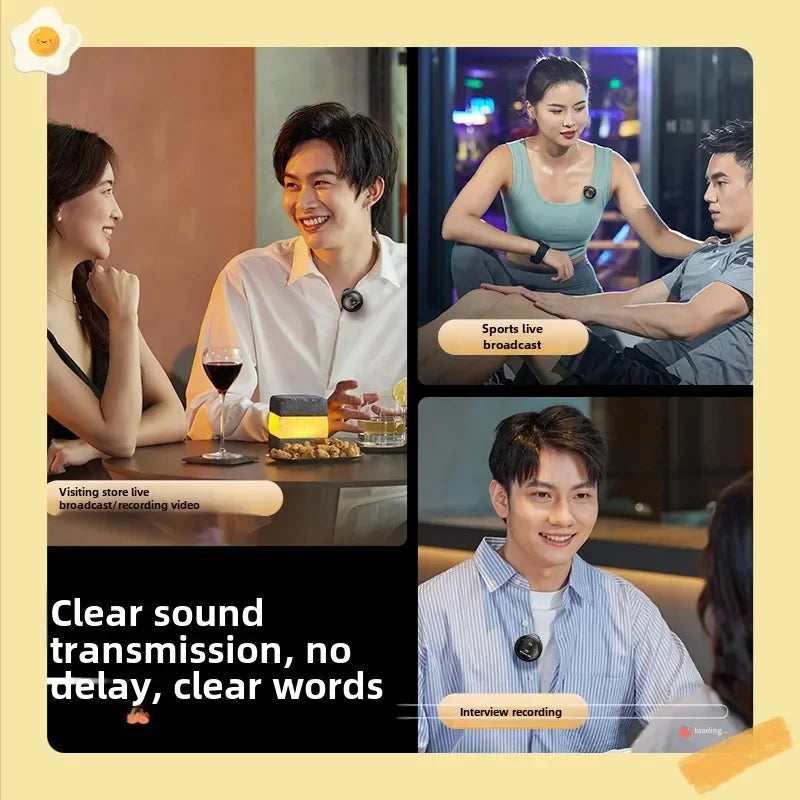 Black wireless lavalier microphone with circular design and charging compartment for iphone android live recording mini mic use