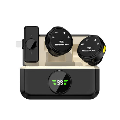Black wireless lavalier microphone earbuds with digital battery display for iphone android dual mic noise canceling use