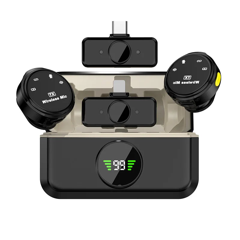 Black kt wireless lavalier microphone set with dual omnidirectional condenser mic and noise canceling for iphone android with 98% battery charging case