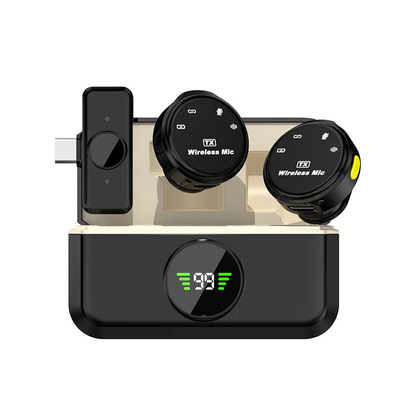 Black wireless lavalier microphone earbuds with charging case and digital battery display for iphone android dual mic noise canceling