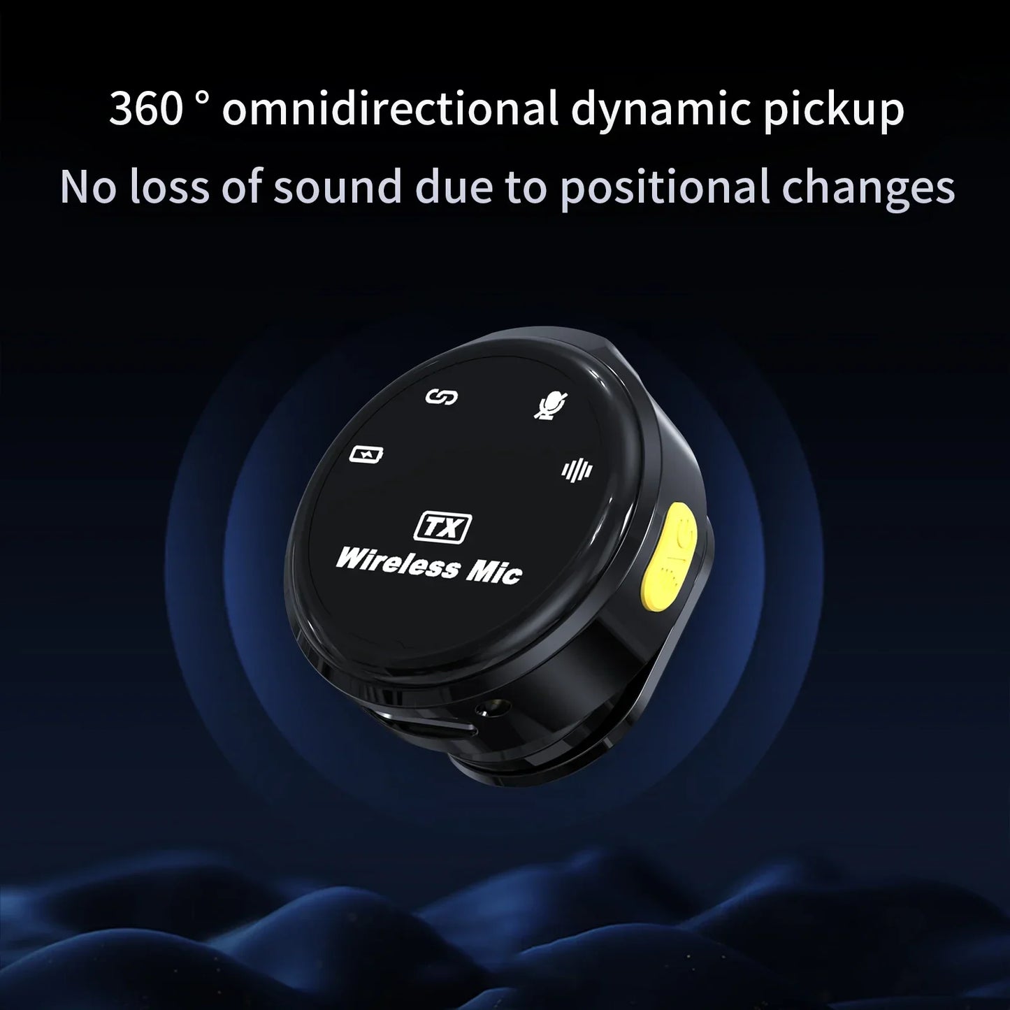 Black circular wireless lavalier microphone with yellow button and white icons for iphone android dual mic noise canceling use