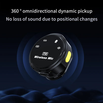 Black circular wireless lavalier microphone with yellow button and white icons for iphone android dual mic noise canceling use