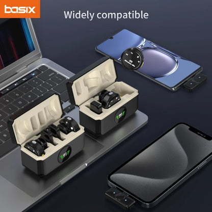 Black and beige basix wireless earbuds with digital displays designed for wireless lavalier microphone iphone android dual use with mic noise canceling