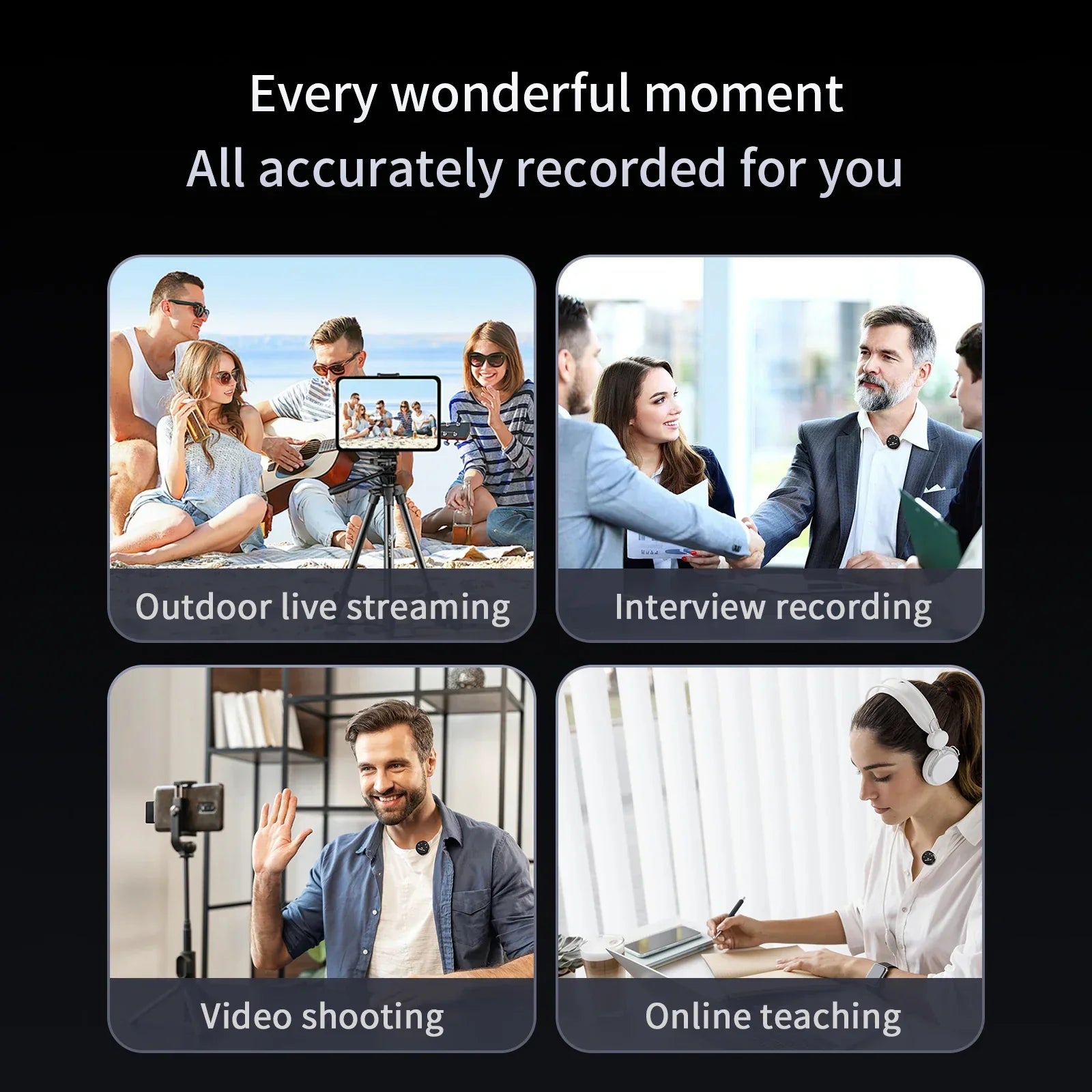 Black wireless lavalier microphone with dual omnidirectional condenser for iphone android mic noise canceling video recording