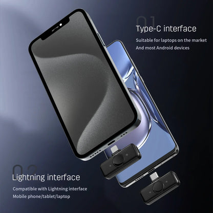 Black usb-c and lightning adapter dongles for wireless lavalier microphone iphone android dual mic noise canceling use
