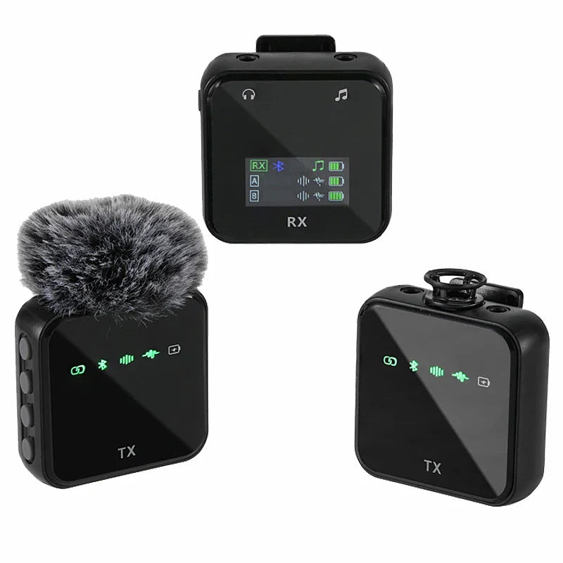 Black wireless lavalier microphone system with furry windscreen and compact transmitter for phone live streaming recording