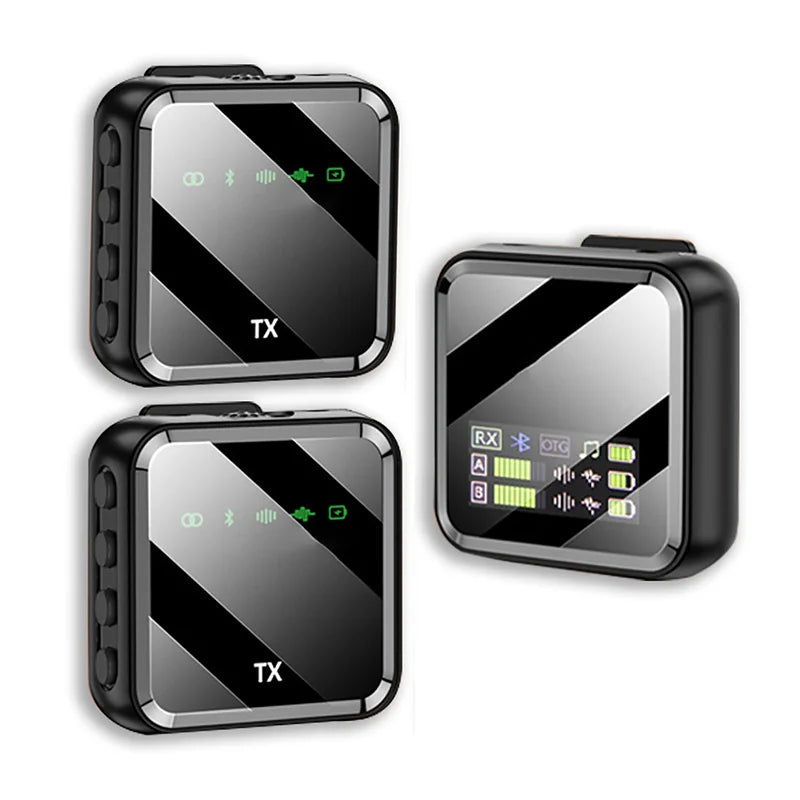 Black wireless lavalier microphone transmitter and receiver set with glossy diagonal stripes for mobile phone interview and bluetooth audio video use
