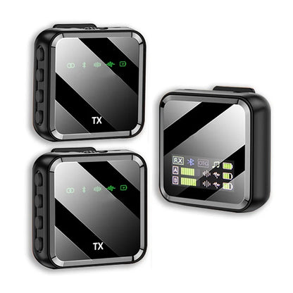 Black wireless lavalier microphone transmitter and receiver set with glossy diagonal stripes for mobile phone interview and bluetooth audio video use