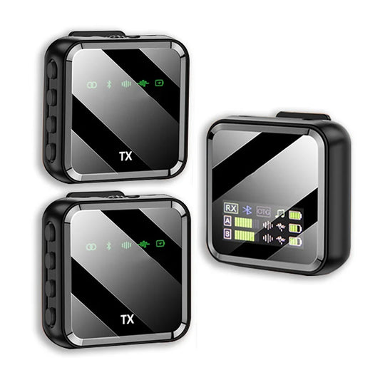 Black wireless lavalier microphone transmitter and receiver set with glossy diagonal stripes for mobile phone interview and bluetooth audio video use