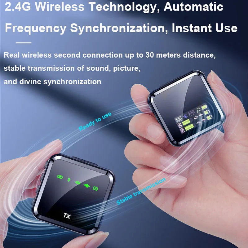Black rectangular wireless lavalier microphone transmitter and receiver with glossy finish for bluetooth audio video mobile phone interview