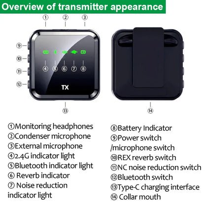 Black rectangular wireless lavalier microphone transmitter with glossy finish and green led indicators for bluetooth audio video mobile phone interview