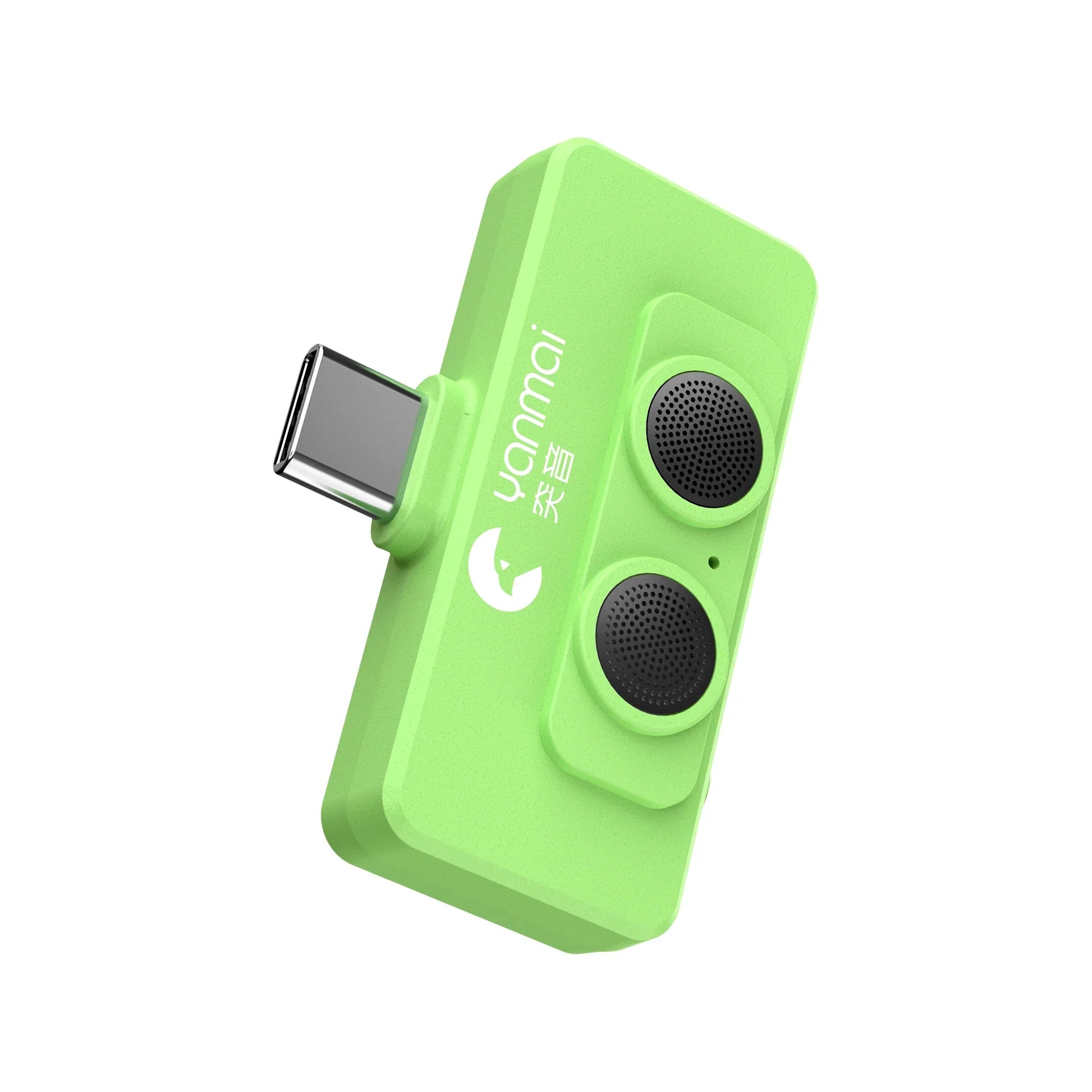 Bright lime green yannmai lavalier microphone usb c adapter with two black speaker grilles and replaceable windproof wool