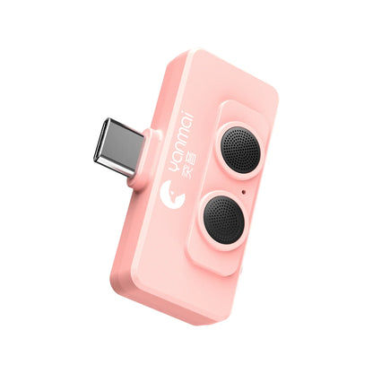 Pink yannmai wireless bluetooth speaker with two black mesh drivers and usb-c port shown with wireless lavalier microphone usb c and replaceable windproof wool