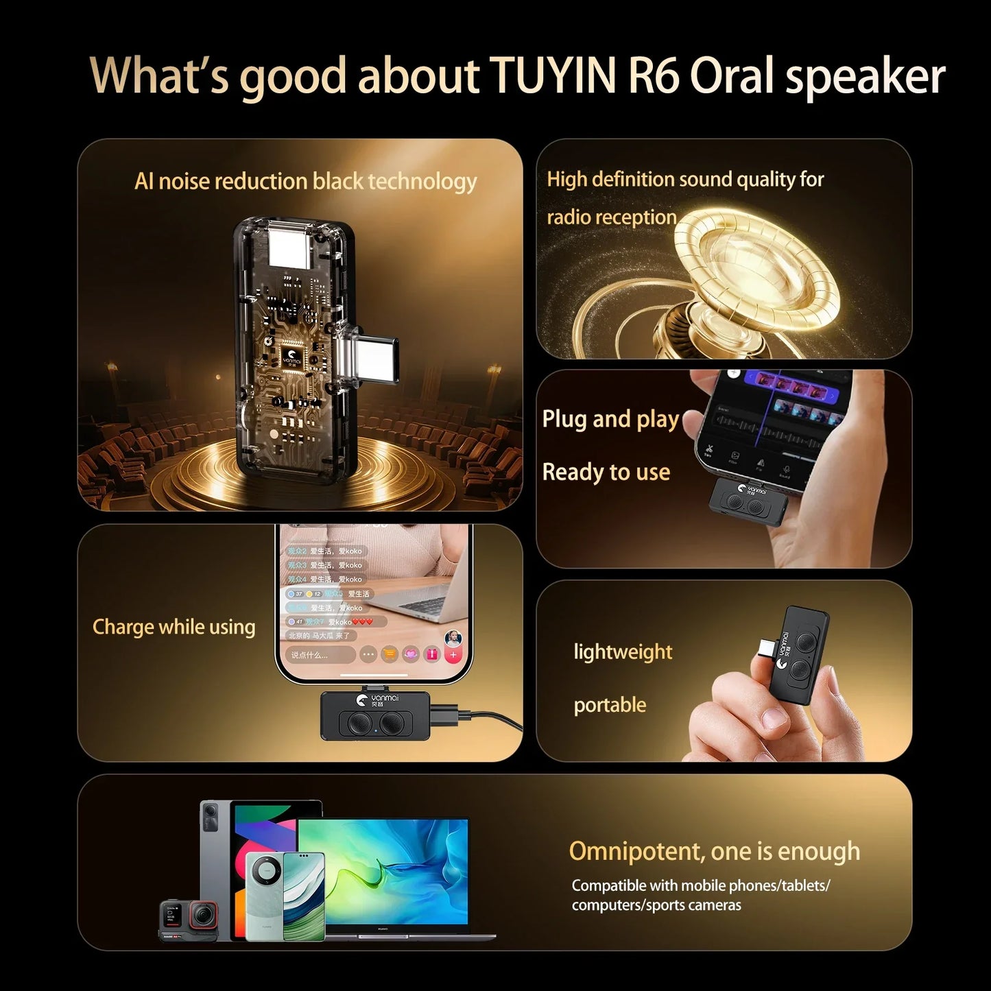 Black tuyin r6 wireless lavalier microphone usb c with compact portable design and replaceable windproof wool for recording