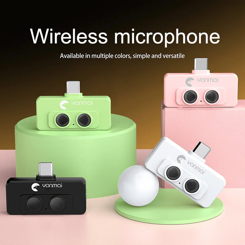 Vanmai wireless lavalier microphone usb c with two black mesh speakers and replaceable windproof wool for iphone audio recording