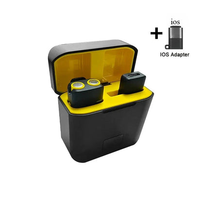 Black and yellow wireless lavalier microphone earbuds in a sleek charging mini mic case with usb-c for podcasts streaming interviews