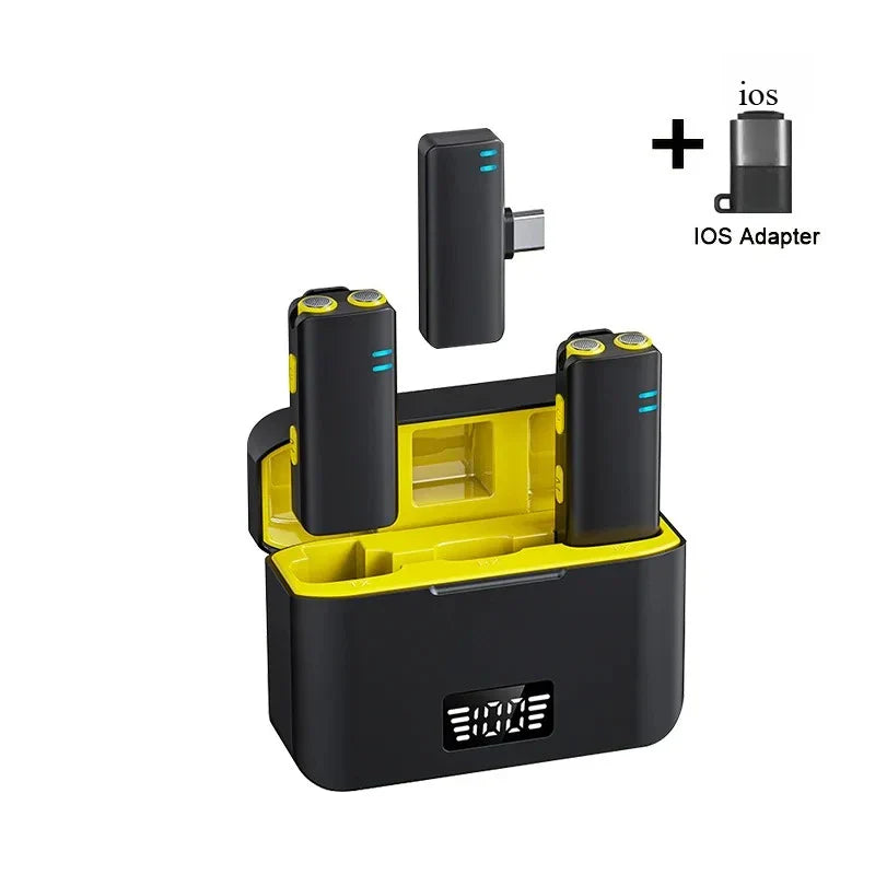Black and yellow wireless lavalier microphone with digital display on charging mini mic case for podcasts streaming interviews