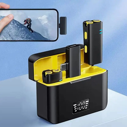 Black and yellow wireless lavalier microphone charging mini mic case with digital display for podcasts streaming interviews