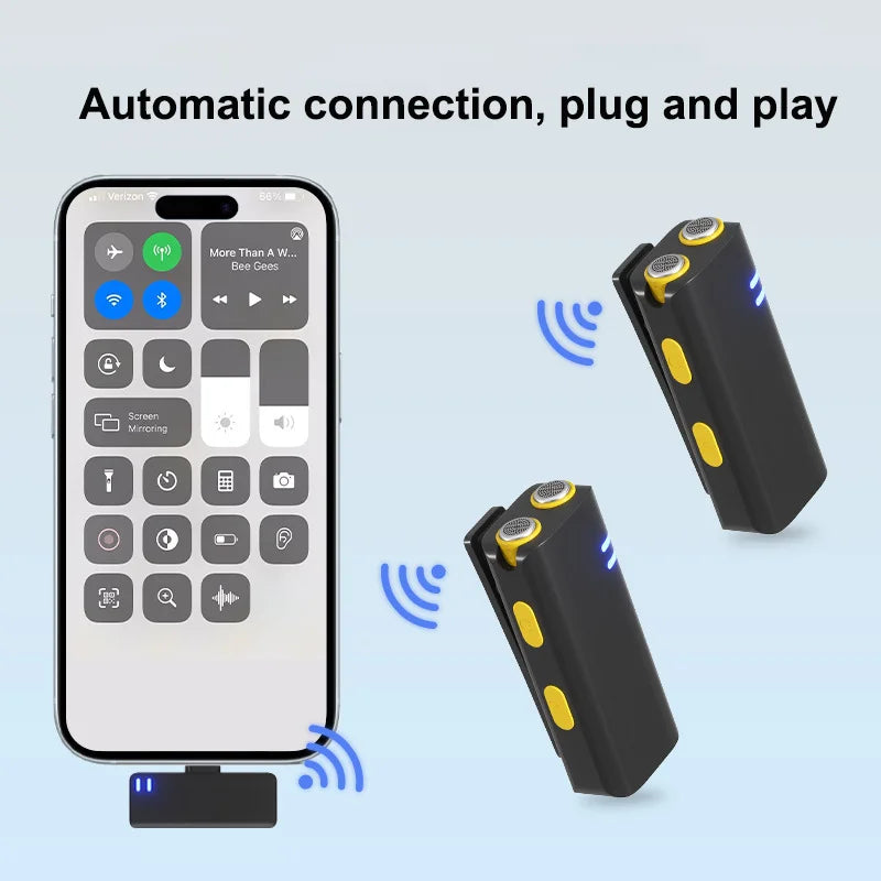 Black and yellow wireless lavalier microphone with charging mini mic case designed for podcasts streaming interviews