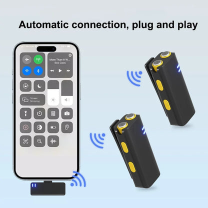 Black and yellow wireless lavalier microphone with charging mini mic case designed for podcasts streaming interviews