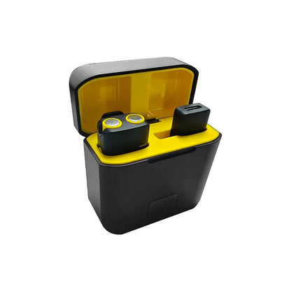 Black and yellow wireless lavalier microphone earbuds in a matte charging mini mic case for podcasts streaming interviews