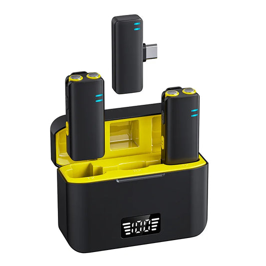 Black and yellow wireless lavalier microphone with charging mini mic case and digital display for podcasts streaming interviews