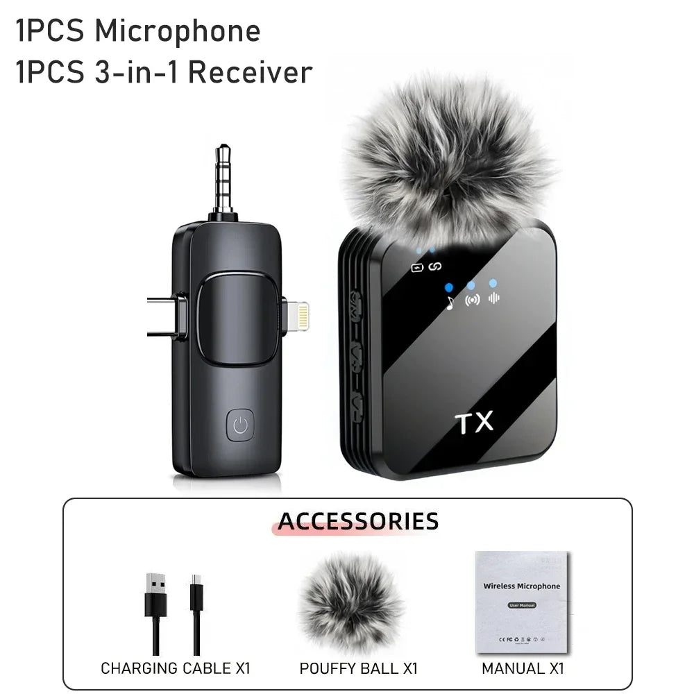 Black wireless lavalier microphone transmitter with gray fluffy windscreen and silver stripe for live broadcast gaming noise reduction