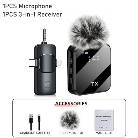 Black wireless lavalier microphone transmitter with gray fluffy windscreen and silver stripe for live broadcast gaming noise reduction