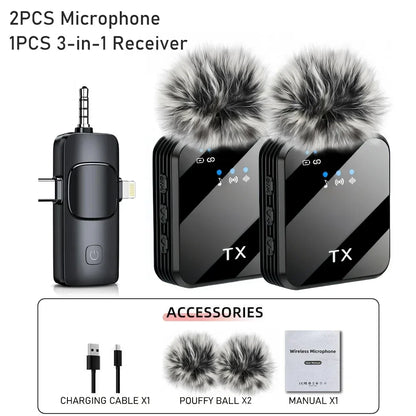Black wireless lavalier microphones with furry gray windshields and silver stripes for live broadcast gaming noise reduction