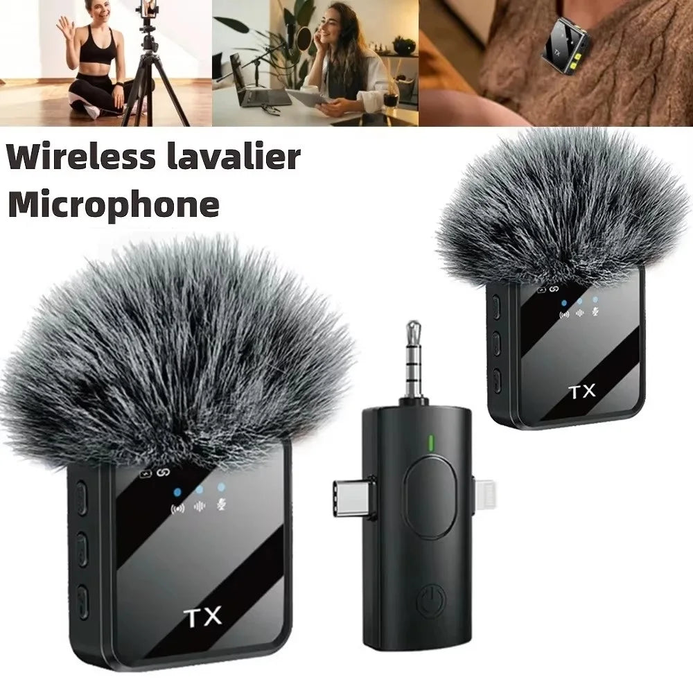Black wireless lavalier microphone with gray fluffy windscreen and tx branding for live broadcast gaming noise reduction