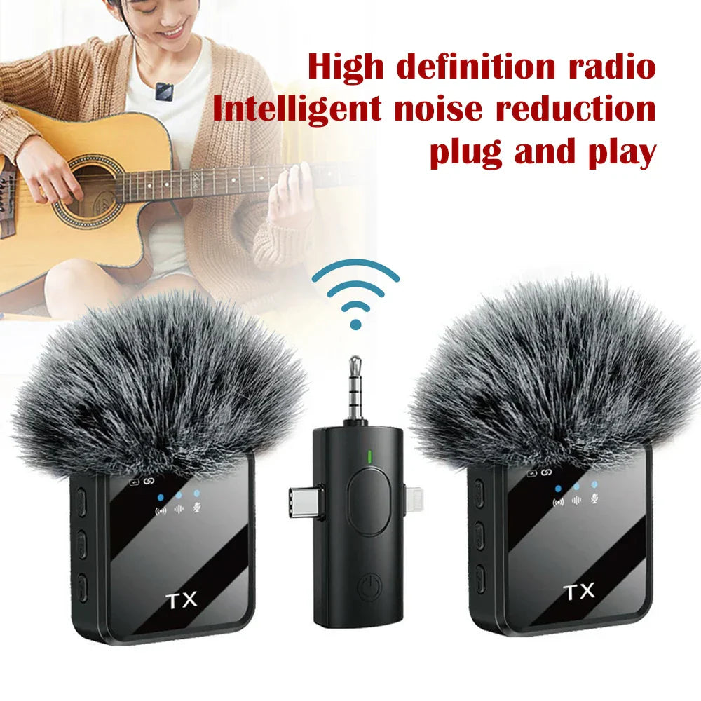 Black wireless lavalier microphones with fuzzy gray windscreen and noise reduction for live broadcast gaming and vlogging
