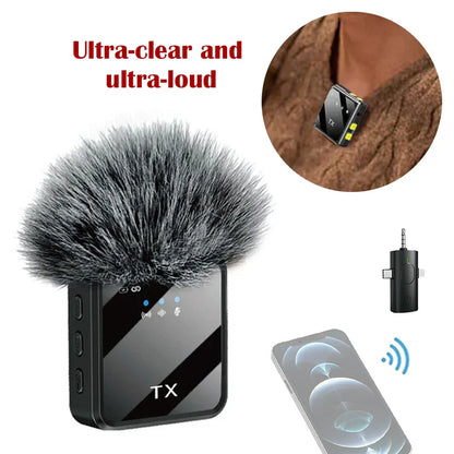 Black wireless lavalier microphone with gray fuzzy windscreen and tx branding for live broadcast gaming noise reduction