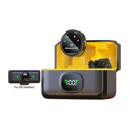 Black and yellow wireless lavalier mics with digital display charging case for seamless video recording vlogging live