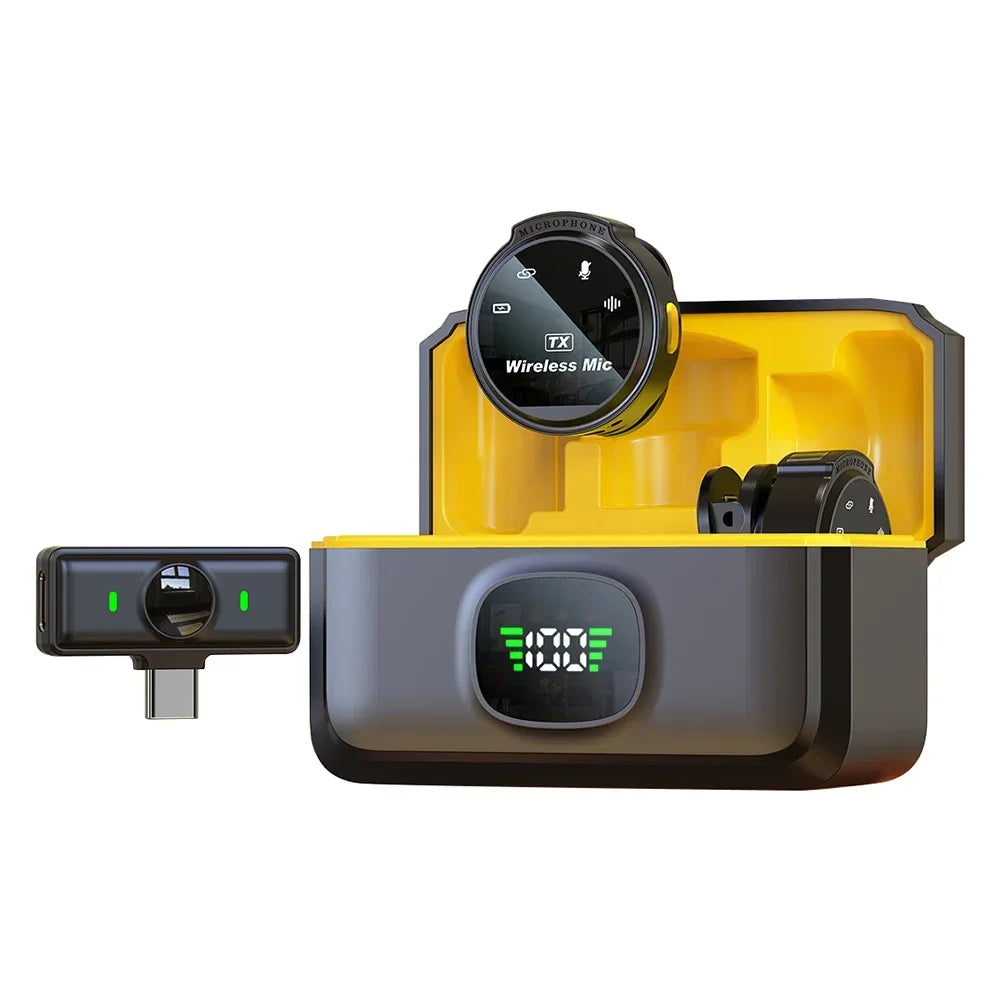 Black and yellow wireless lavalier mics with digital display charging case for seamless video recording and recording vlogging live