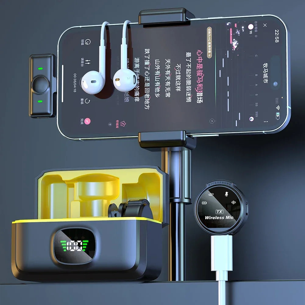 Black and yellow wireless lavalier mics charging case with green digital display for seamless video recording vlogging live