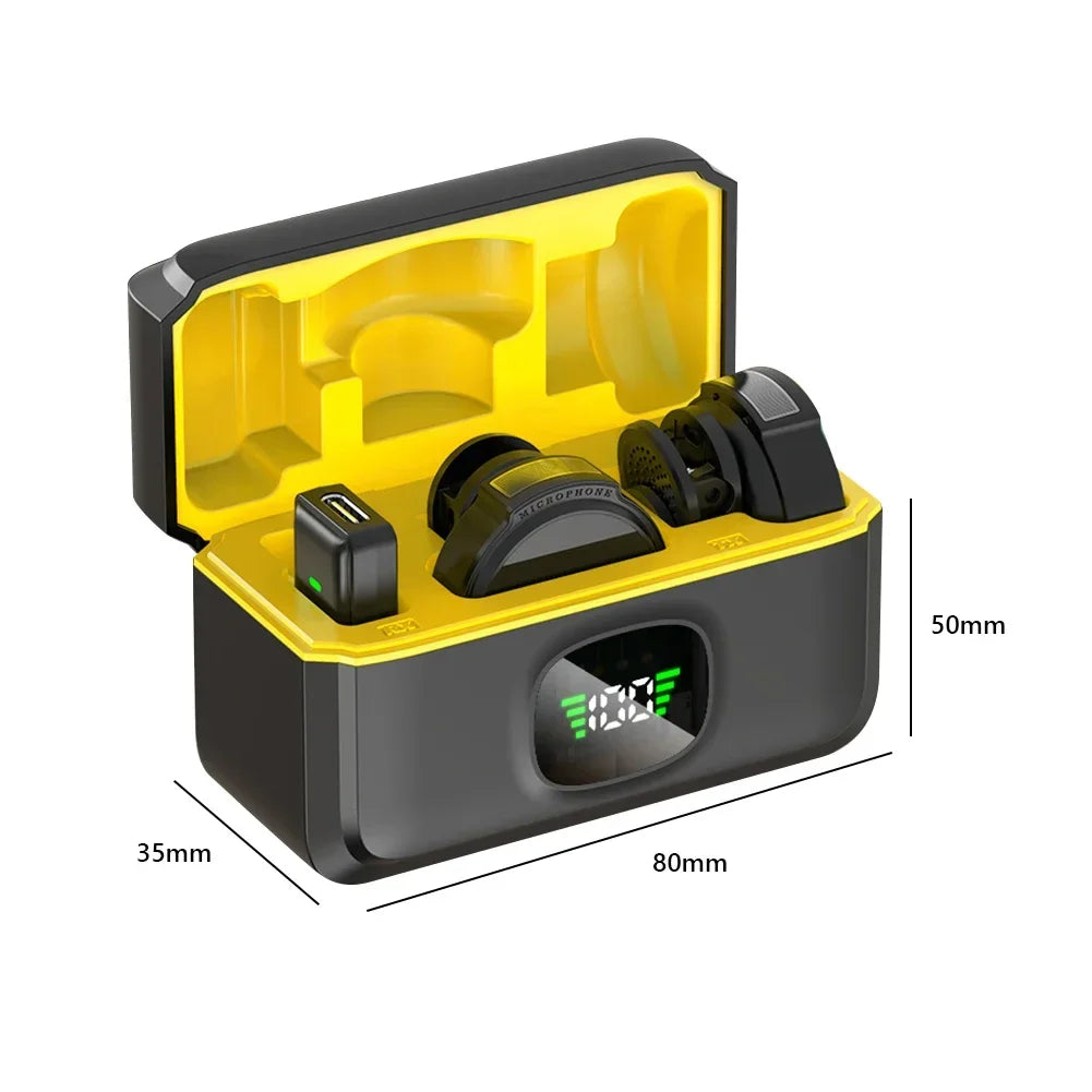 Black and yellow wireless lavalier mics in a sleek charging case with digital display for seamless video recording vlogging live