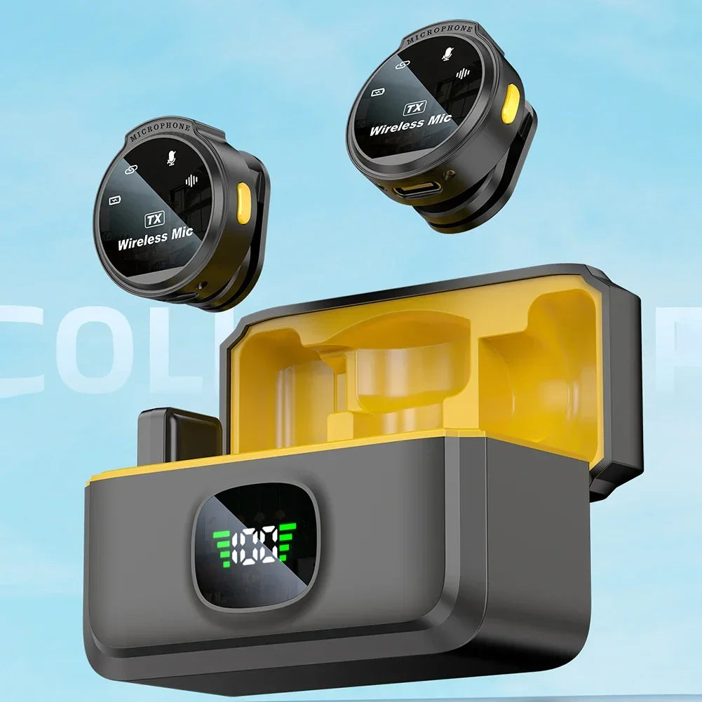 Black and yellow wireless lavalier mics with digital display on charging case for seamless video recording vlogging live