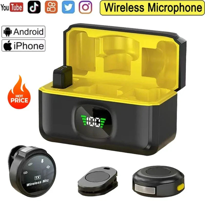 Black and yellow wireless lavalier mics with compact charging case and digital display for seamless video recording vlogging live