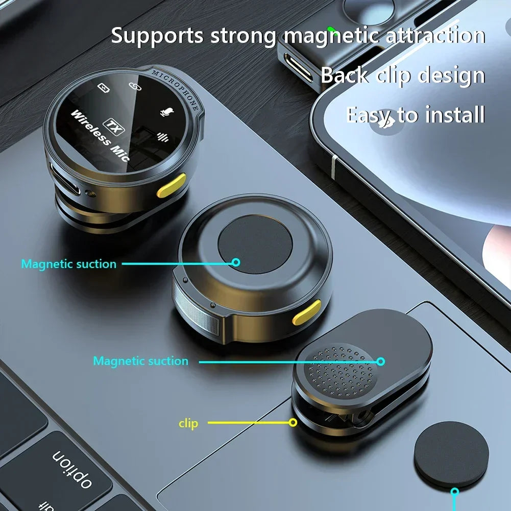 Black and yellow wireless lavalier mic attachment with magnetic suction design for seamless video recording and vlogging live