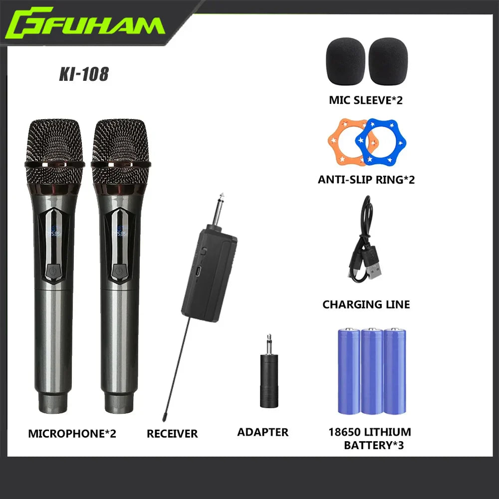 Black and silver handheld microphone rechargeable with mesh grille and digital display for karaoke live wedding party use