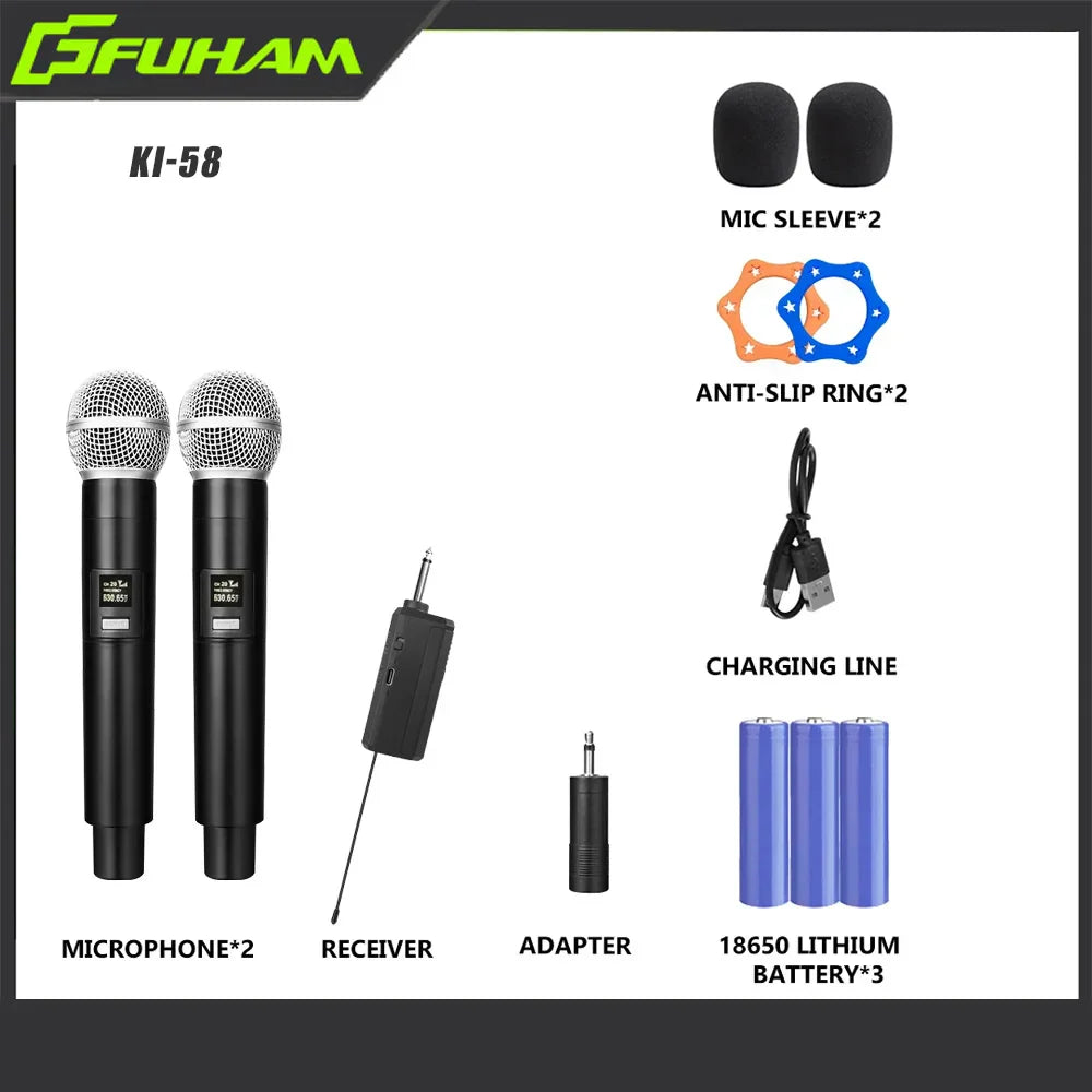 Black handheld microphone rechargeable with silver mesh grille and digital display for karaoke live wedding party use
