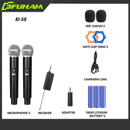Black handheld microphone rechargeable with silver mesh grille and digital display for karaoke live wedding party use