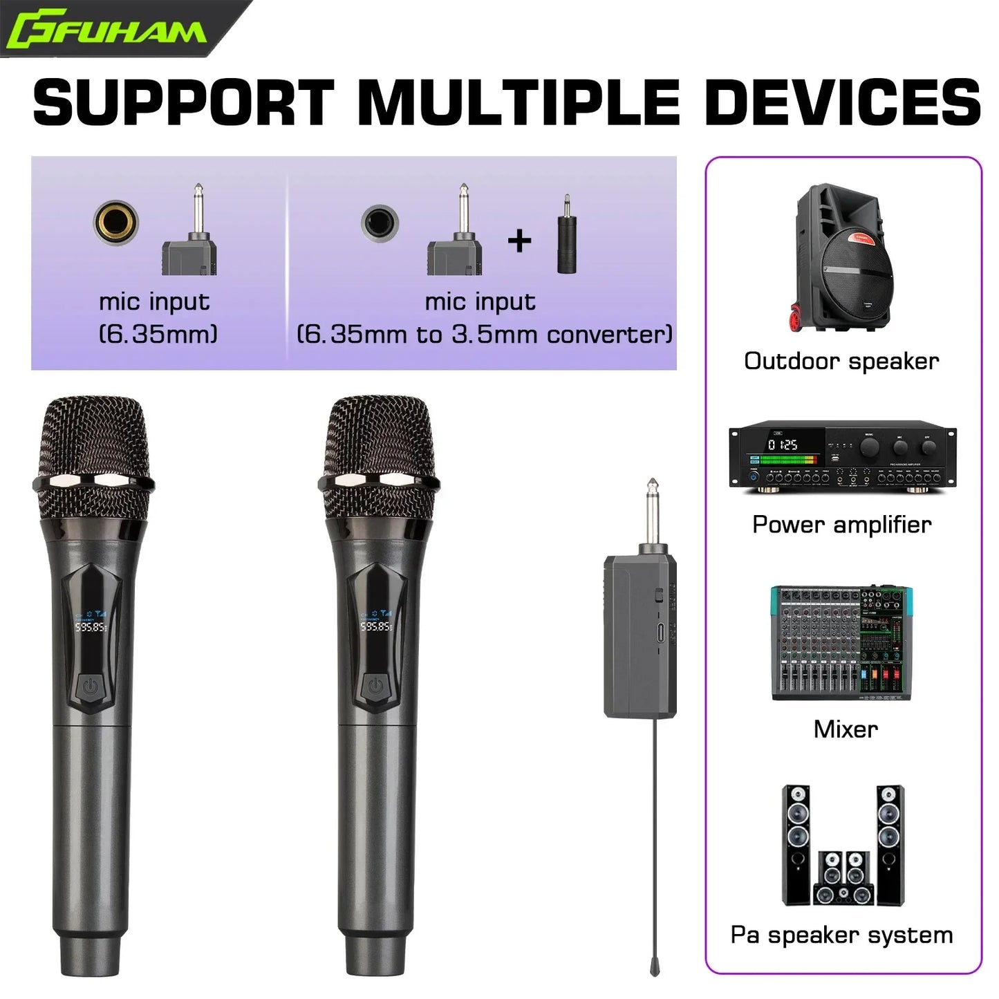 Black handheld microphone rechargeable with mesh grille and digital display for karaoke live wedding party use